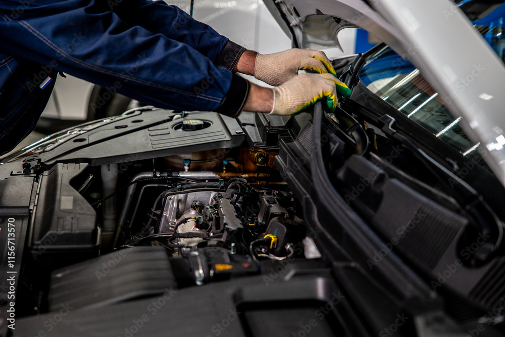 Medium shot of a mechanic under the hood of a car Medium shot of a mechanic under the hood of a car