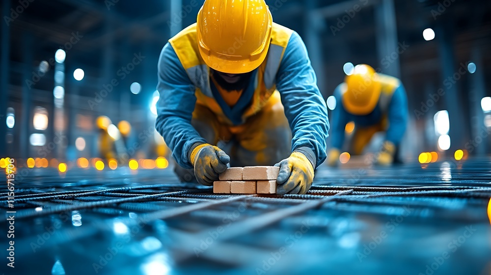 Construction Worker Placing Bricks On Rebar Construction Worker Placing Bricks On Rebar