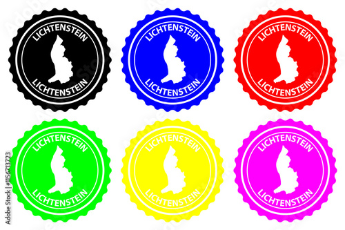 Liechtenstein - rubber stamp - vector, Lichtenstein map pattern - sticker - black, blue, green, yellow, purple and red