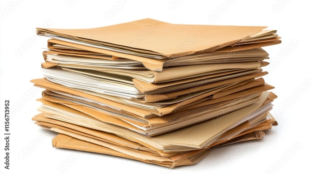 A Large Stack of Brown Files and Documents on White Background, Office Paperwork A Large Stack of Brown Files and Documents on White Background, Office Paperwork