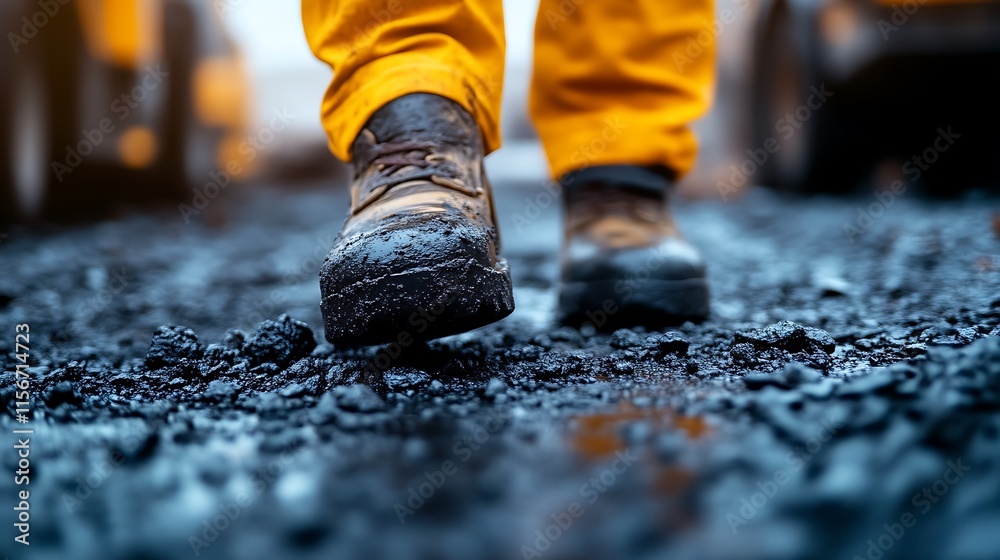 Mud covered boots walking on dark asphalt Mud covered boots walking on dark asphalt