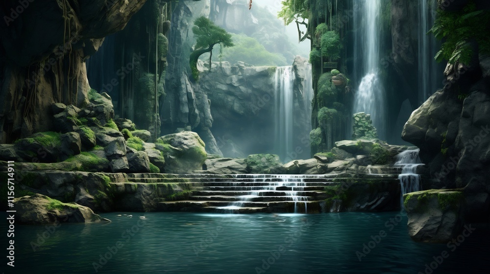 Mesmerizing waterfall cascading into a tranquil crystal clear pool of pure refreshing drinking water amidst a lush verdant forest landscape A peaceful serene and rejuvenating natural retreat Mesmerizing waterfall cascading into a tranquil crystal clear pool of pure refreshing drinking water amidst a lush verdant forest landscape A peaceful serene and rejuvenating natural retreat