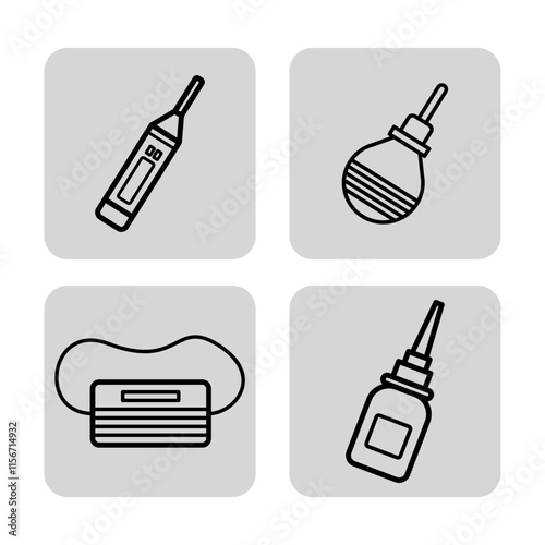 Medical items line icon set. Electronic thermometer, enema bottle, nasal spray bottle, face mask. Medicine and healthcare concept. Vector illustrations for web design and apps