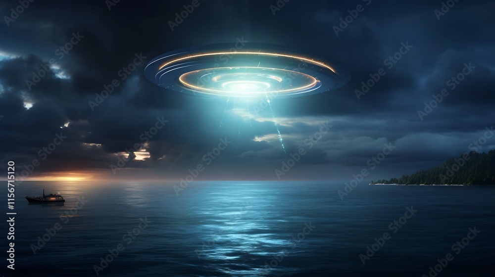 Glowing UFO Hovers Above Tranquil Ocean Casting Ethereal Reflection on the Calm Waters Mysterious Extraterrestrial Spacecraft Illuminates the Serene Nightscape with its Futuristic Technology Glowing UFO Hovers Above Tranquil Ocean Casting Ethereal Reflection on the Calm Waters Mysterious Extraterrestrial Spacecraft Illuminates the Serene Nightscape with its Futuristic Technology