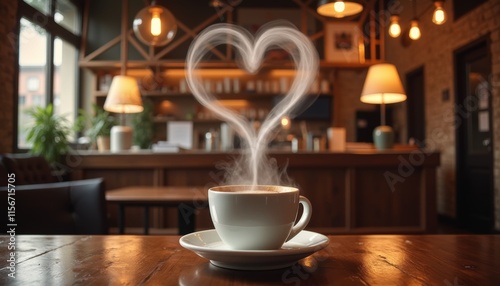 Cup of coffee with steam of shape of heart. Coffee shop interior. Valentine's day concept. Declaration of love