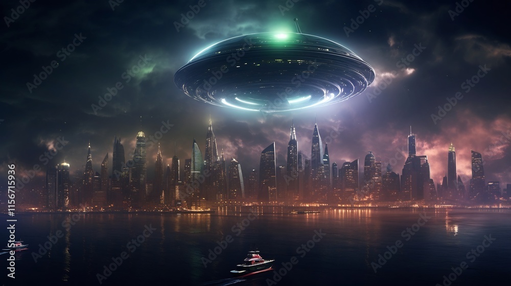 Mystical scene of a futuristic cityscape glowing with neon lights and a hovering alien spacecraft in the night sky creating a sense of wonder and technological advancement Mystical scene of a futuristic cityscape glowing with neon lights and a hovering alien spacecraft in the night sky creating a sense of wonder and technological advancement