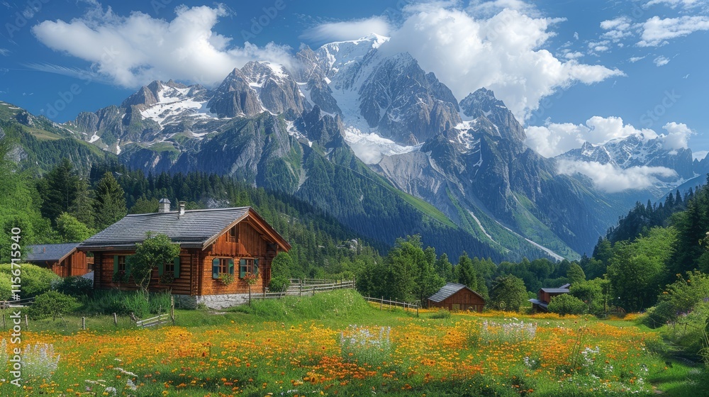 Scenic mountain landscape with a cozy cabin and vibrant wildflowers under a blue sky. Scenic mountain landscape with a cozy cabin and vibrant wildflowers under a blue sky.