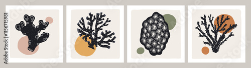 Corals and underwater sea plants, post cards set. Abstract modern tropical ma...