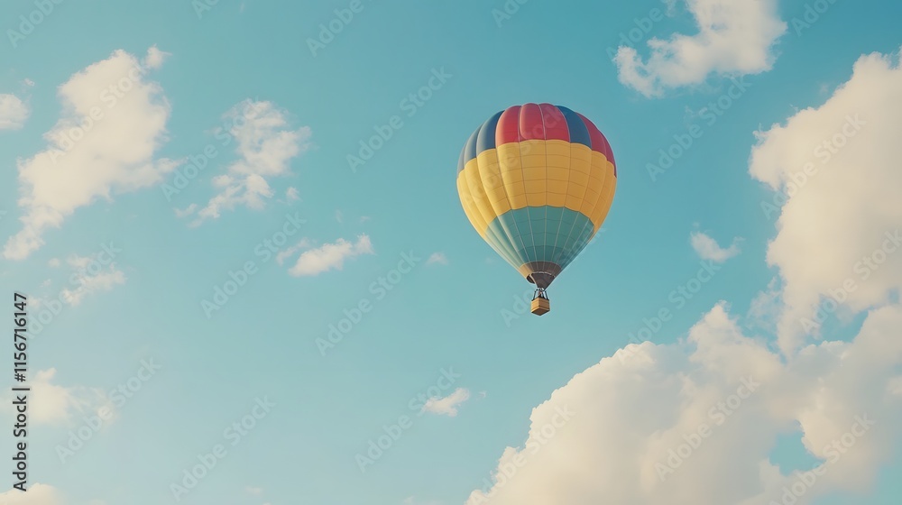 Fototapeta premium Colorful Hot Air Balloon Soaring Through A Clear Blue Sky