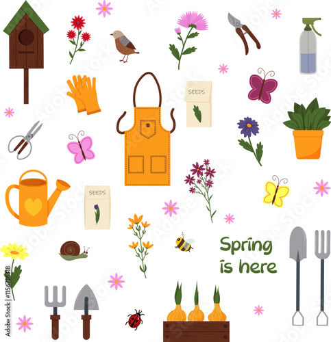 Spring set of items for the garden. Flowers, birdhouse and birds, shovel and pitchfork. Butterflies, insects, snails and ladybugs. Seeds for planting. Vector illustration