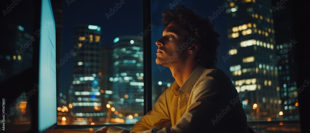 Lonely office worker gazing out a skyscraper window, desk cluttered with documents, illuminated by soft computer screen light in a sleek corporate office at night Lonely office worker gazing out a skyscraper window, desk cluttered with documents, illuminated by soft computer screen light in a sleek corporate office at night