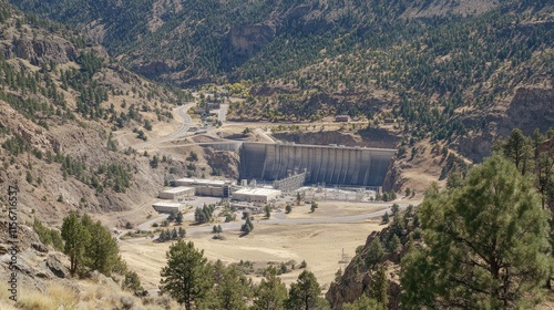 Scenic View of a Large Hydroelectric Dam Nested in a Mountainous Landscape Surrounded by Lush Green Trees and Rocky Terrain Under a Clear Blue Sky photo