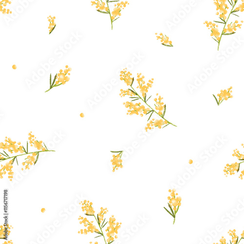 Mimosa branches, floral pattern. Seamless background, yellow flowers, spring nature, botanical design. Repeating print for fabric, textile, wallpaper, wrapping paper. Flat vector illustration