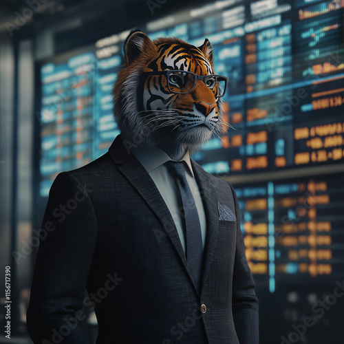 Business meeting with a tiger-masked executive modern office digital art corporate environment close-up view creative concept photo