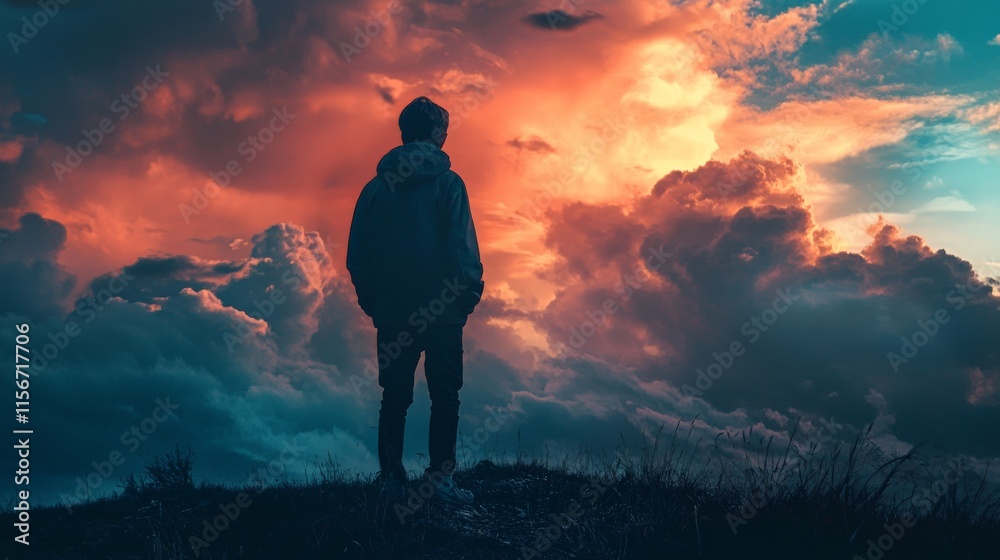 Obraz premium Solitude Under a Fiery Sky: A Contemplative Silhouette Against a Dramatic Sunset