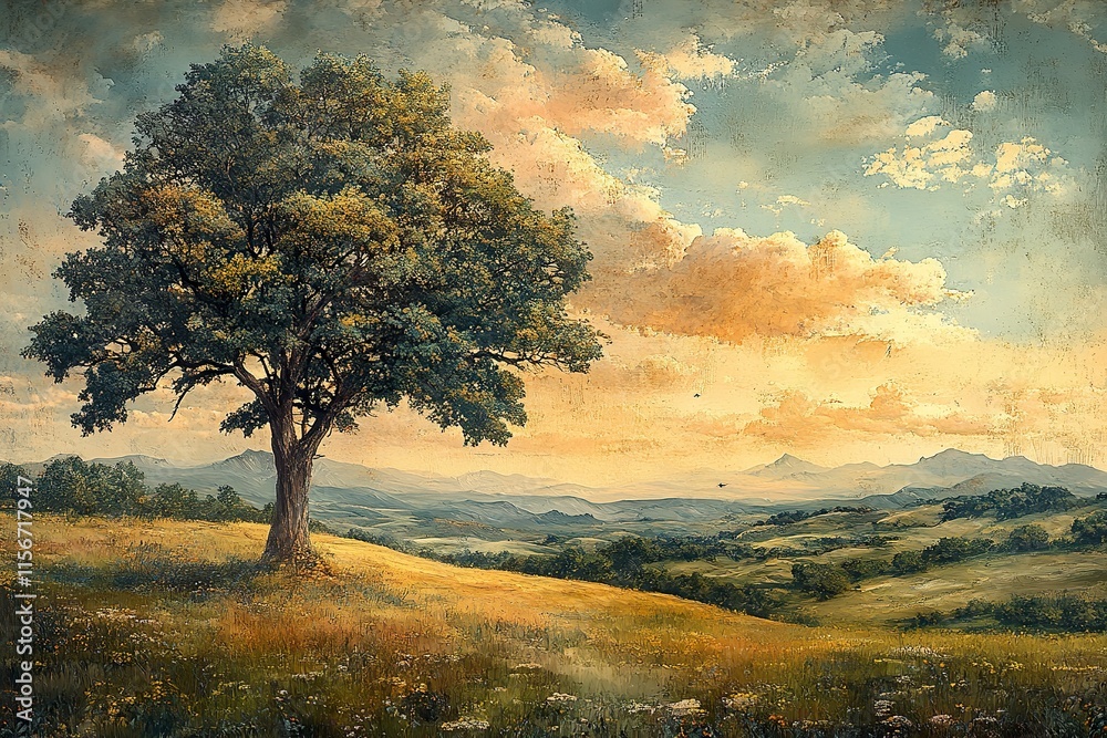 Solitary Tree on Hillside Pastoral Landscape