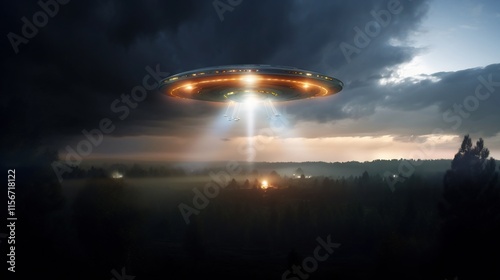 A UFO shrouded in shimmering light partially visible and hovering in the Earth s atmosphere presenting a captivating and mysterious celestial phenomenon photo