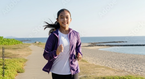 Young asian female jogging on a scenic beach path for fitness and wellness photo