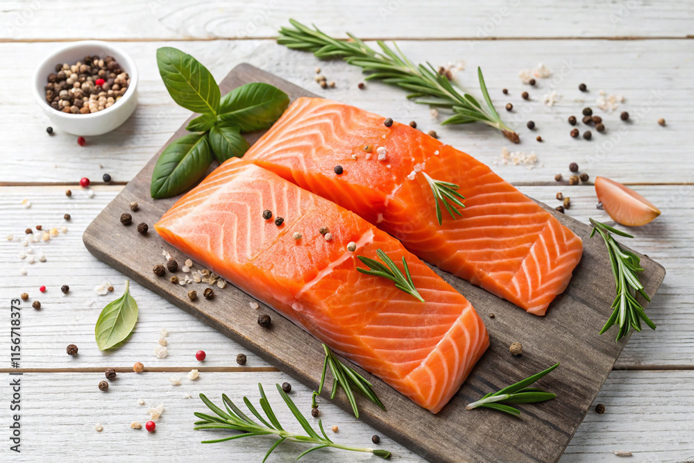 Salmon food. Fresh salmon with spices and herbs. On rustic background. Salmon food. Fresh salmon with spices and herbs. On rustic background.