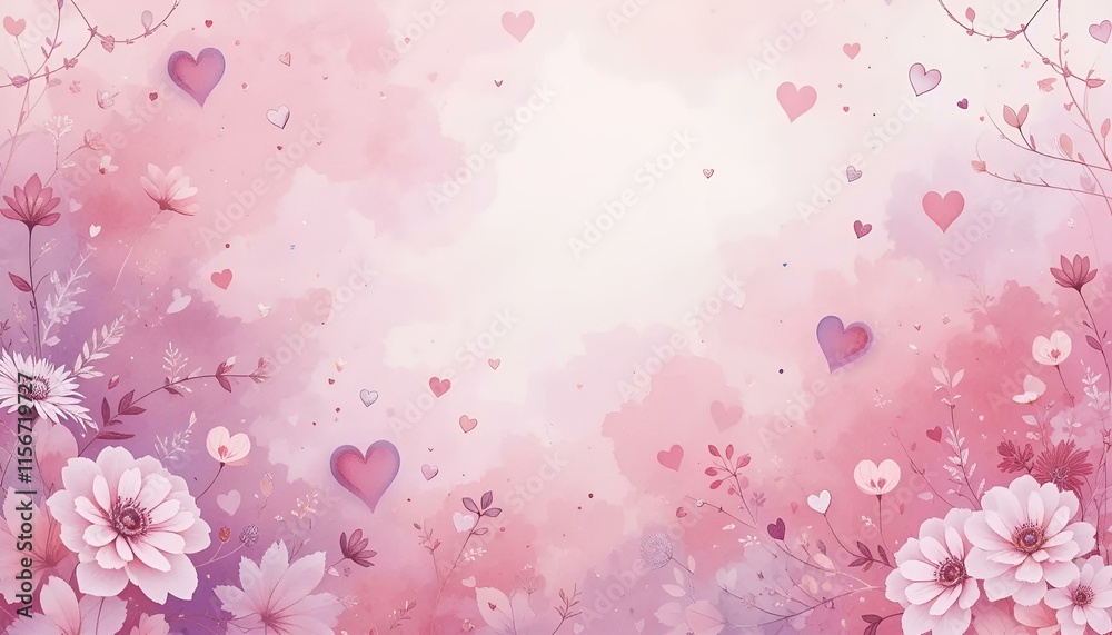Beautiful watercolor background featuring hearts and flowers in soft pink tones, perfect for romantic themes Beautiful watercolor background featuring hearts and flowers in soft pink tones, perfect for romantic themes