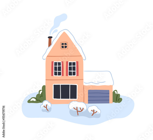 House in snow, cold winter season. Home building outside, outdoor with smoke ...