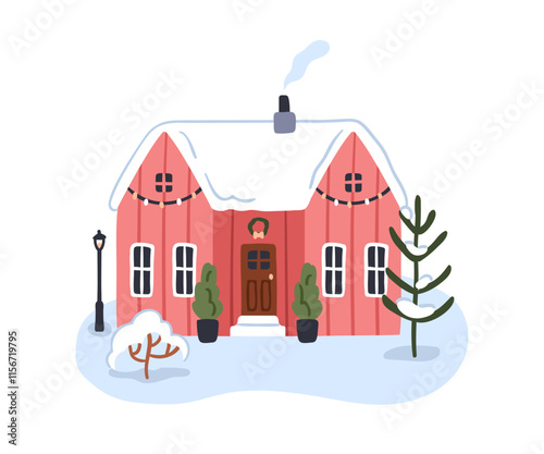 Winter house decorated for Christmas. Small festive cottage, chimney, garland...