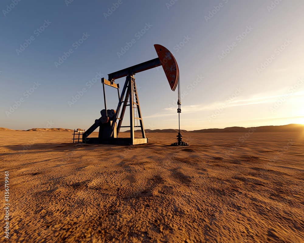 Naklejka premium Crude Oil Extraction and Processing in Action are visualized in a realistic photo, highlighting an oilfield with active pumpjacks under a vast, clear sky, emphasizing the scale of extraction.