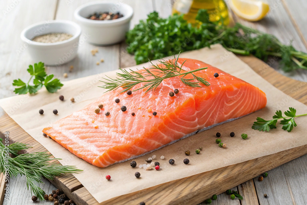 Salmon food. Raw fish. Fresh salmon fillet with herbs and spices. On rustic background. Salmon food. Raw fish. Fresh salmon fillet with herbs and spices. On rustic background.