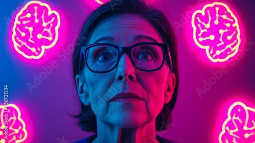 Elderly Woman with Glowing Brains in Neon Background photo