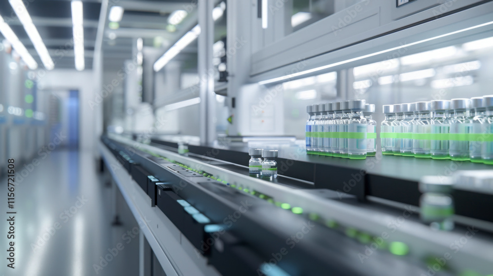 Naklejka premium Modern Pharmaceutical Manufacturing Facility with Vials on Conveyor Belt.