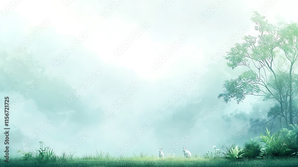 Gentle watercolor animal scene with rabbits in a misty nature landscape Gentle watercolor animal scene with rabbits in a misty nature landscape
