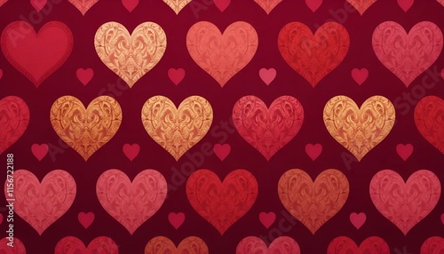 Beautiful Valentine's Day patterned background featuring hearts in various shades and designs