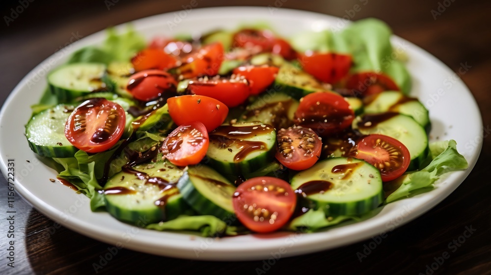 Delightful and Nutritious Green Salad Topped with Cherry Tomatoes Cucumbers and a Flavorful Balsamic Dressing A Healthy and Refreshing Meal or Appetizer Delightful and Nutritious Green Salad Topped with Cherry Tomatoes Cucumbers and a Flavorful Balsamic Dressing A Healthy and Refreshing Meal or Appetizer
