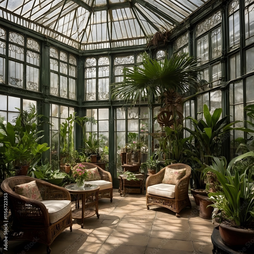 Kentia Palm in a Victorian-Style Conservatory with Antique Charm