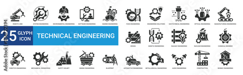 Technical engineering icon collection set with robotic arm, system, environmental, software, manufacturing