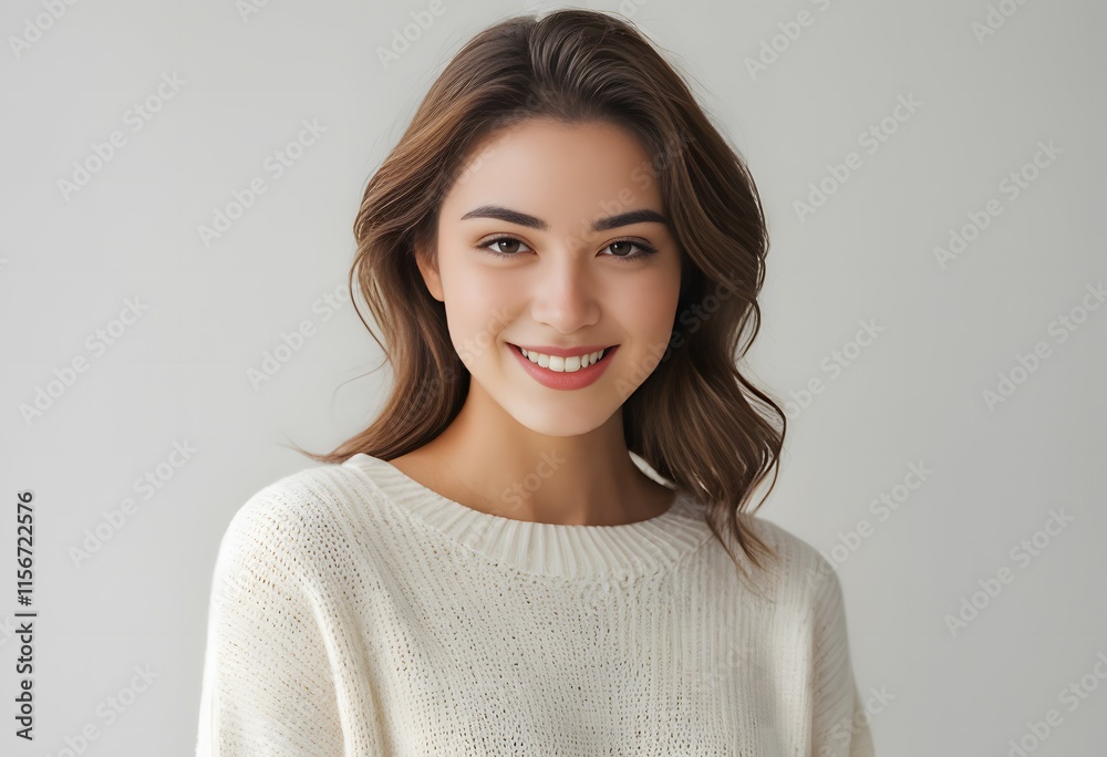 Smiling woman in a cream sweater, perfect for beauty and fashion stock. Generative AI. Smiling woman in a cream sweater, perfect for beauty and fashion stock. Generative AI.