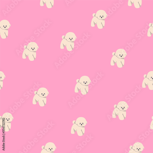 Cute puppy, seamless canine pattern. Bichon frise breed, tiny toy dog, endles...