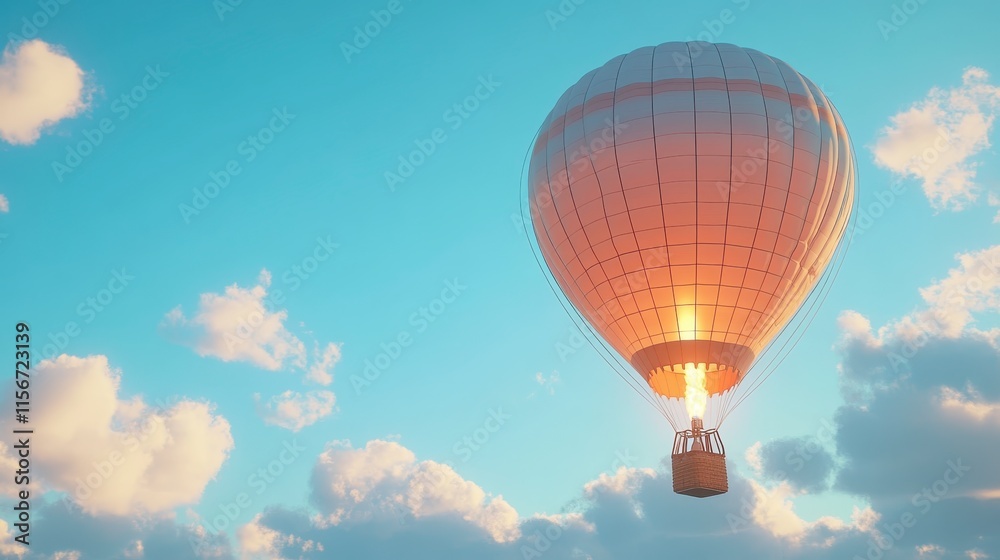 Fototapeta premium A colorful hot air balloon ascends against a bright blue sky, surrounded by fluffy clouds, evoking a sense of adventure and tranquility.