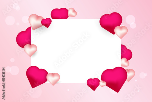 A decorative Valentine-themed design with a rectangular white frame surrounded by pink and red hearts of various sizes, set on a soft pink background with bokeh effects.