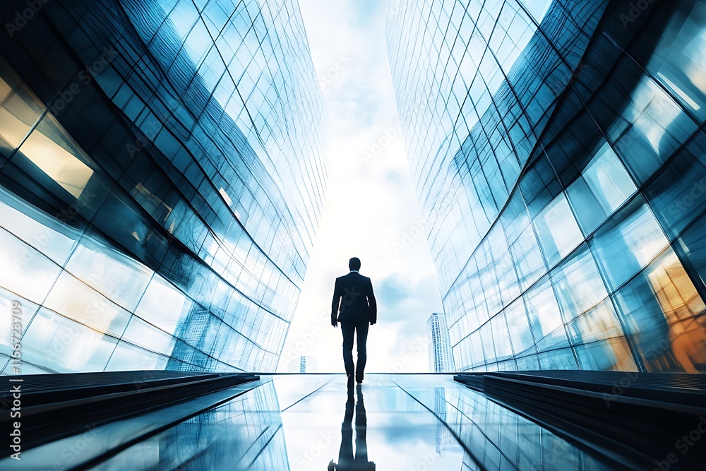 Obraz premium Businessman walking between skyscrapers. Concept of ambition, success, and future.