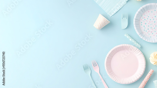 Whimsical pastel colored party supplies arranged on light blue background, creating festive atmosphere