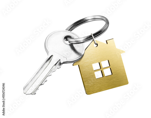 House key with golden house shaped keychain isolated on white background