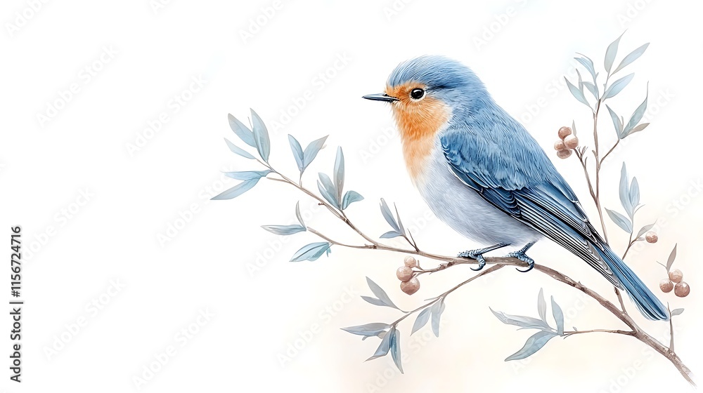Obraz premium Watercolor animal bluebird perched on branch nature scene artistic rendering soft background