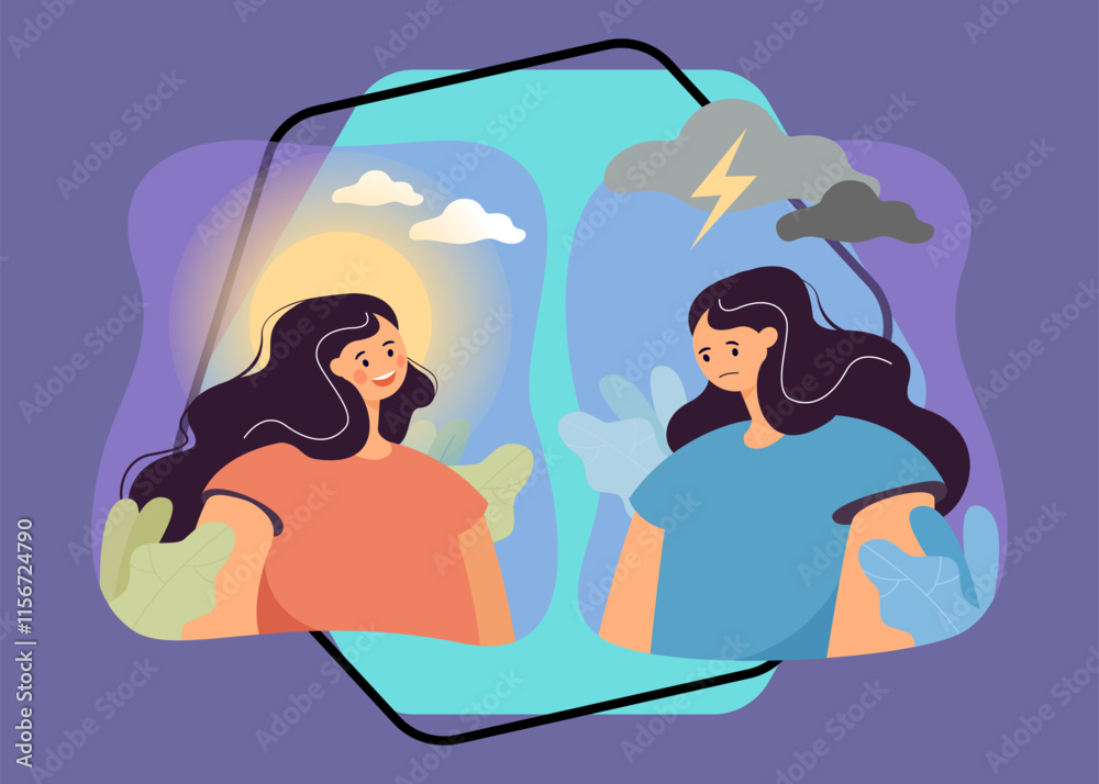 Calm girl with white cloud and sun above head and angry girl in stress with thunder and storm. Woman in bad and good mood flat vector illustration. Premenstrual syndrome, PMS, mental health concept Calm girl with white cloud and sun above head and angry girl in stress with thunder and storm. Woman in bad and good mood flat vector illustration. Premenstrual syndrome, PMS, mental health concept