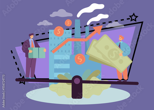 Business people holding money on scales with factory in background. Individual company resources price balance flat vector illustration. Microeconomics, price balance, cooperation, economy concept