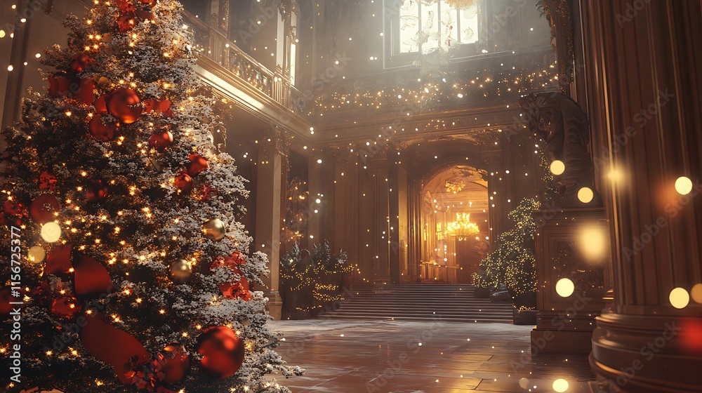Snow falls on a grand hall with a decorated Christmas tree. Snow falls on a grand hall with a decorated Christmas tree.