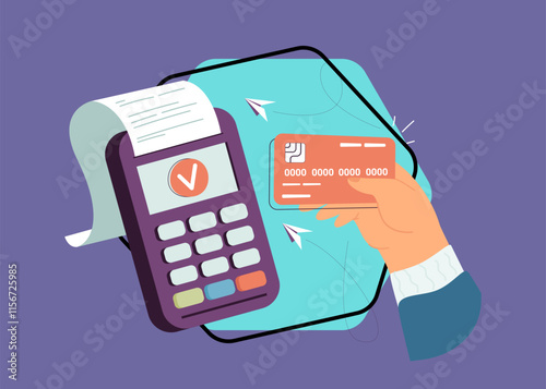 Hand holding debit or credit card near scanner of electronic terminal and making purchase. Smart transaction via digital machine flat vector illustration. Contactless payment, EMV, commerce concept