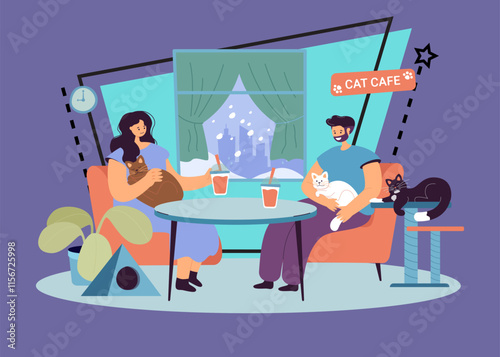 Happy couple sitting in cat cafe together. Young man and woman with adorable pets on laps flat vector illustration. Pet therapy, domestic animals concept for banner, website design or landing web page