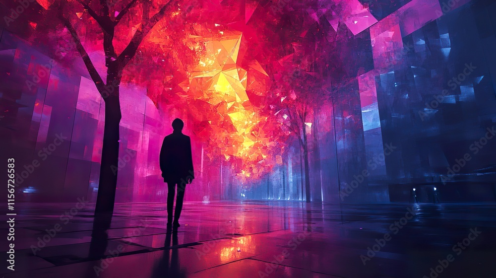 Fototapeta premium Silhouette Person Stands Beneath Neon Crystal Tree Cityscape