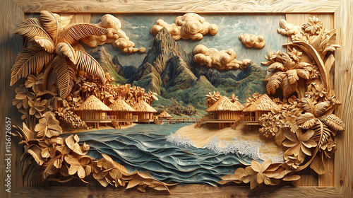 Illustration artistique de Bora Bora en style de sculpture polynésienne sur bois